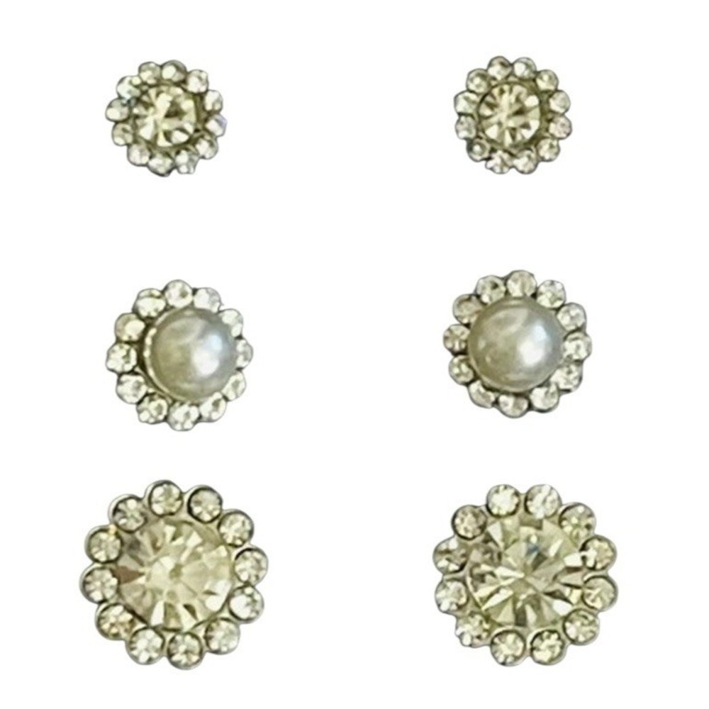 NEW Genuine Crystal Trio Earring Set Clear Stud Simulated Pearl
